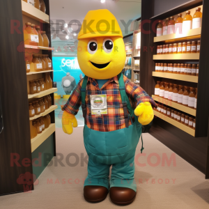 Teal Bottle Of Mustard mascot costume character dressed with a Flannel Shirt and Handbags