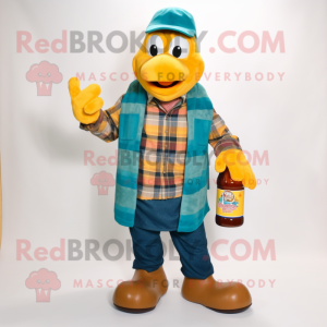 Teal Bottle Of Mustard mascot costume character dressed with a Flannel Shirt and Handbags