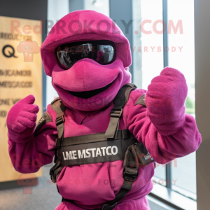 Magenta Para Commando mascot costume character dressed with a Bodysuit and Scarves