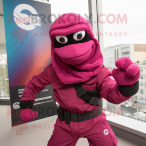 Magenta Para Commando mascot costume character dressed with a Bodysuit and Scarves