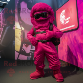 Magenta Para Commando mascot costume character dressed with a Bodysuit and Scarves