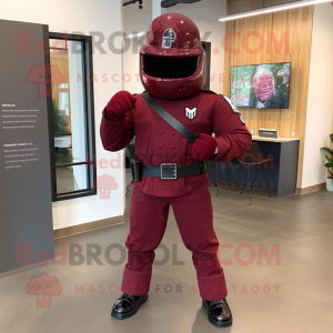 Maroon Soldier mascot costume character dressed with a Suit and Belts