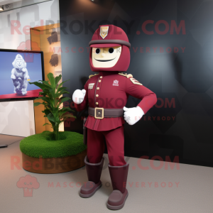 Maroon Soldier mascot costume character dressed with a Suit and Belts