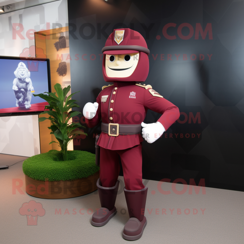 Maroon Soldier mascot costume character dressed with a Suit and Belts