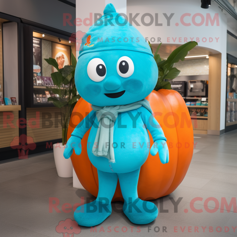 Fantasia de mascote de abóbora turquesa com macacão e bonés - Mascotes de squash - REBROKO_358884 - RedBrokoly.com