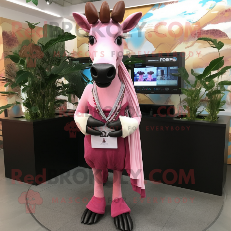Pink Okapi mascot costume character dressed with a Blouse and Scarf clips Pink Okapi mascot costume character dressed with a Blouse and Scarf clips