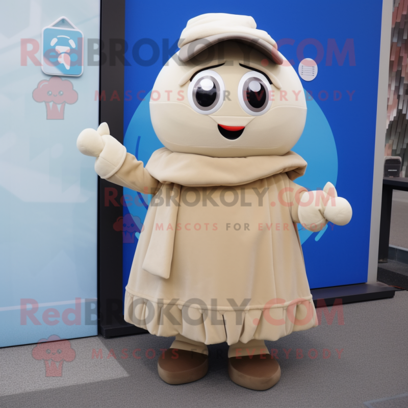 Beige Pho mascot costume character dressed with a Midi Dress and Mittens Beige Pho mascot costume character dressed with a Midi Dress and Mittens