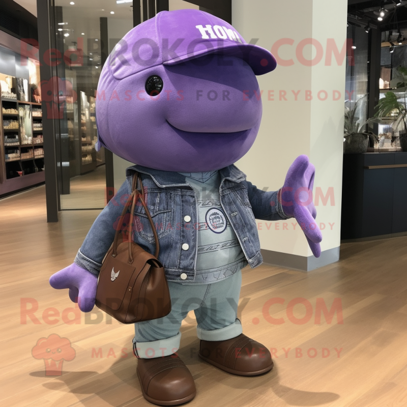 Purple Whale mascot costume character dressed with a Bootcut Jeans and Tote bags