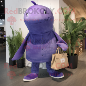 Purple Whale mascot costume character dressed with a Bootcut Jeans and Tote bags