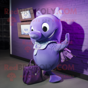 Purple Whale mascot costume character dressed with a Bootcut Jeans and Tote bags