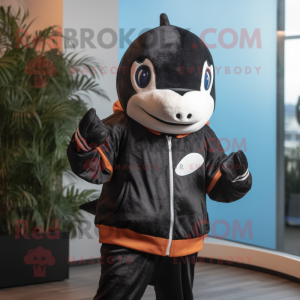 Rust Killer Whale mascot costume character dressed with a Sweatshirt and Headbands