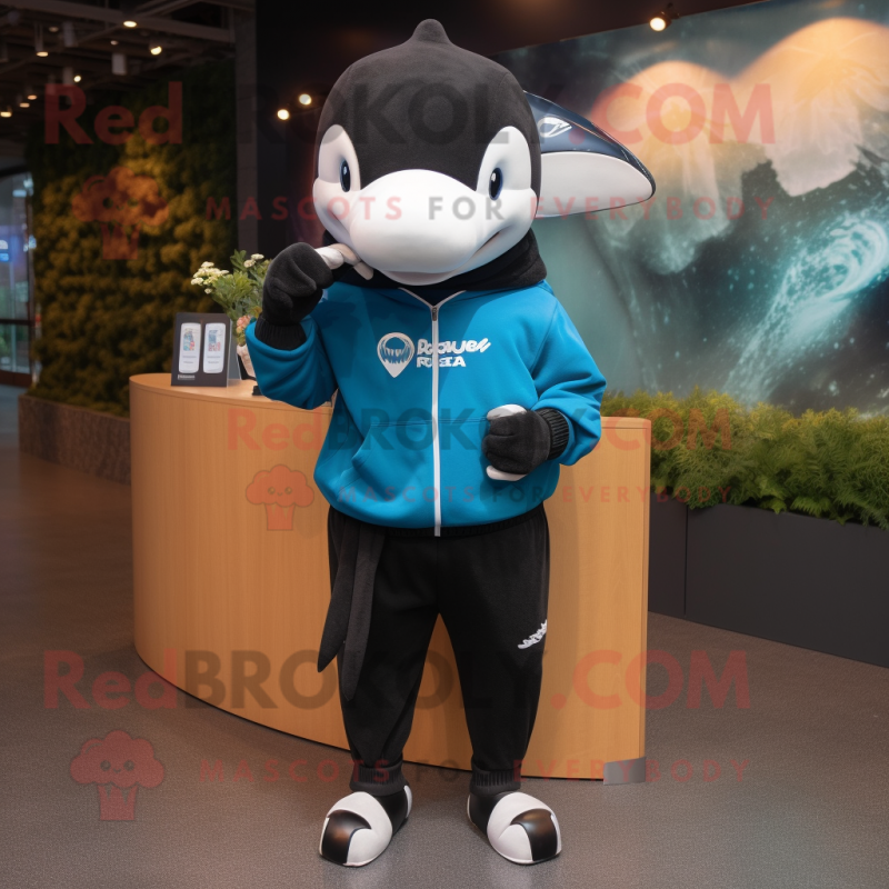 Rust Killer Whale mascot costume character dressed with a Sweatshirt and Headbands