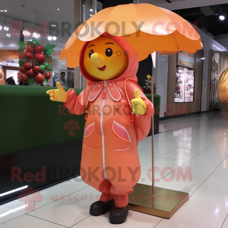 Peach Pendant mascot costume character dressed with a Raincoat and Gloves