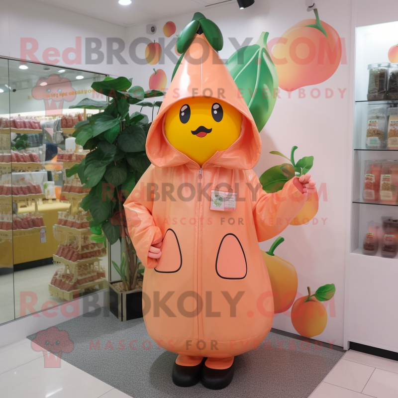 Peach Pendant mascot costume character dressed with a Raincoat and Gloves Peach Pendant mascot costume character dressed with a Raincoat and Gloves