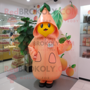 Peach Pendant mascot costume character dressed with a Raincoat and Gloves
