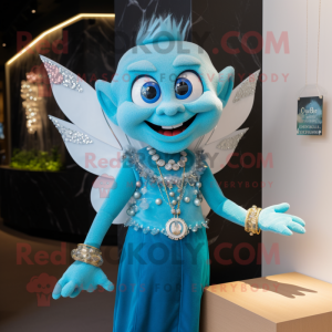 Cyan Tooth Fairy mascot costume character dressed with a Waistcoat and Necklaces