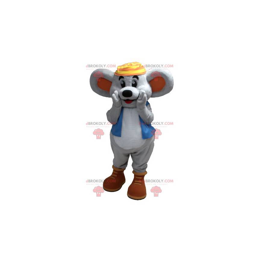 Mascota ratón gris sonriente con un chaleco azul -