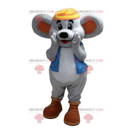 Mascota ratón gris sonriente con un chaleco azul -