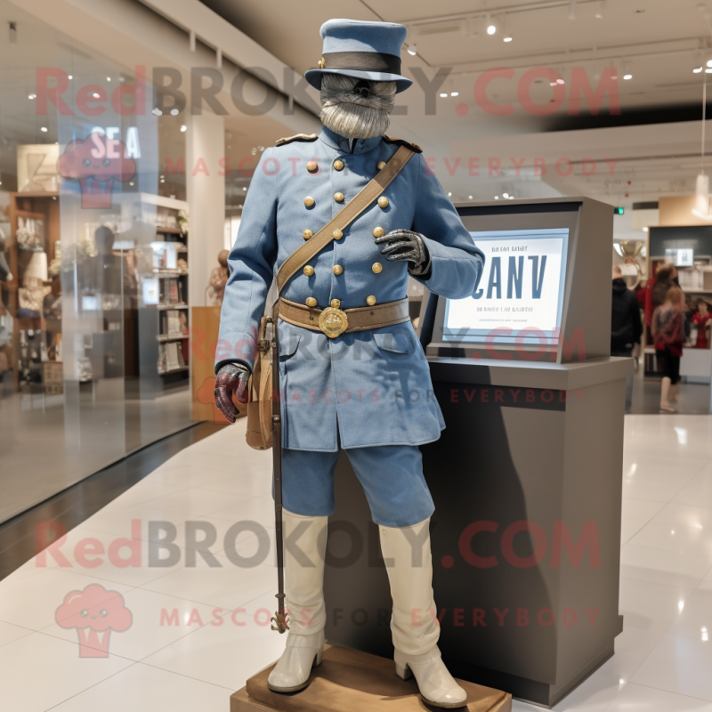 Cream Civil War Soldier mascot costume character dressed with a Denim Shirt and Smartwatches