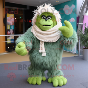 Green Yeti mascot costume character dressed with a Shorts and Scarves