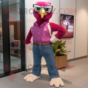 Magenta Falcon mascot costume character dressed with a Flare Jeans and Ties