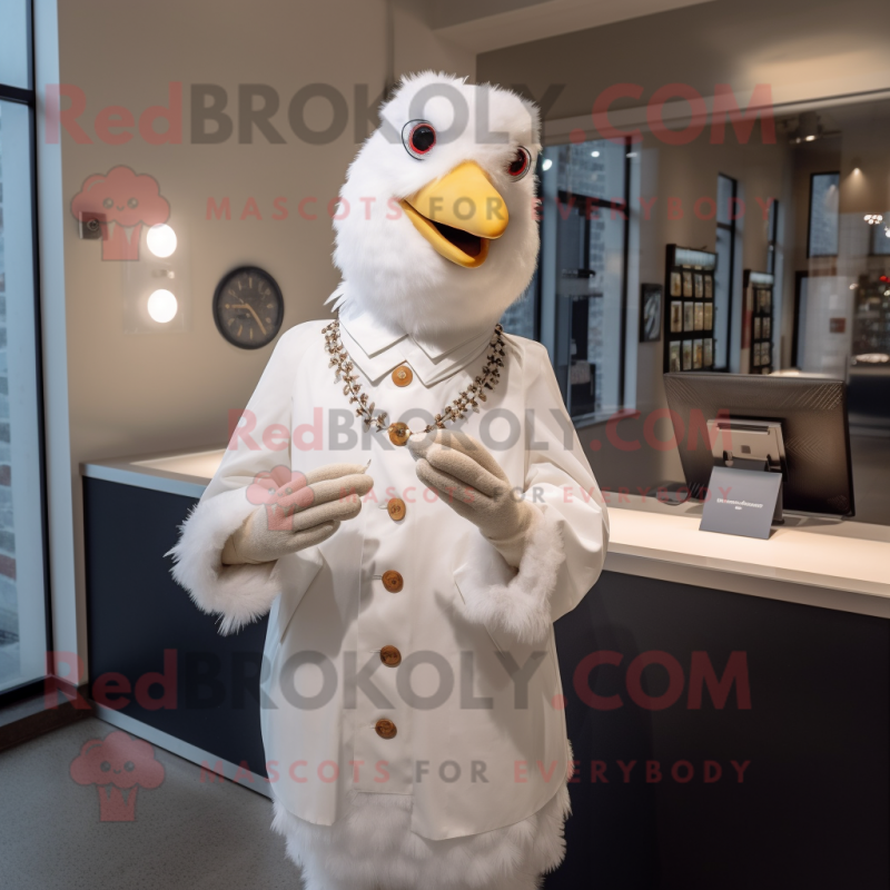 White Chicken mascot costume character dressed with a Coat and Bracelets White Chicken mascot costume character dressed with a Coat and Bracelets