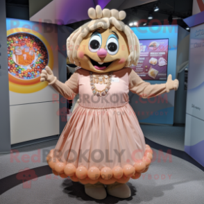 Tan Candy mascot costume character dressed with a Wrap Skirt and Necklaces