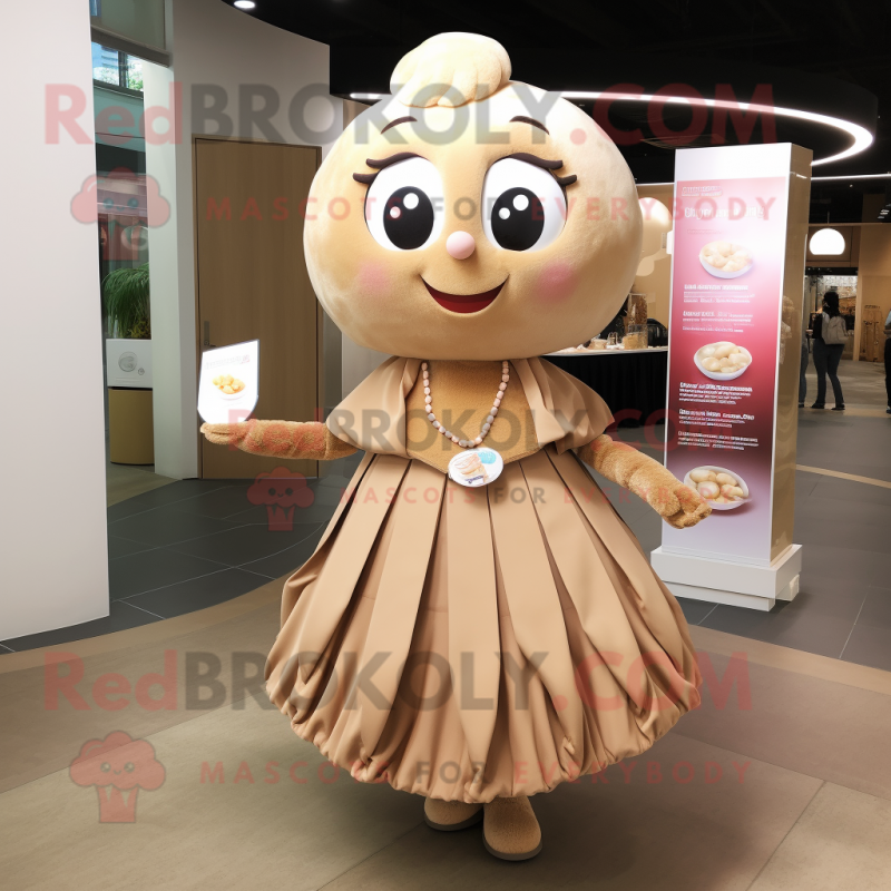 Tan Candy mascot costume character dressed with a Wrap Skirt and Necklaces