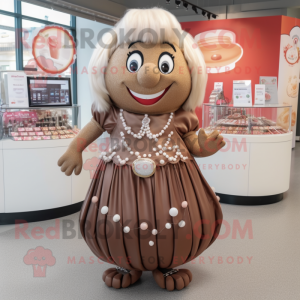 Tan Candy mascot costume character dressed with a Wrap Skirt and Necklaces