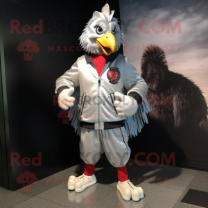 Silver Chicken Parmesan mascot costume character dressed with a Bomber Jacket and Anklets