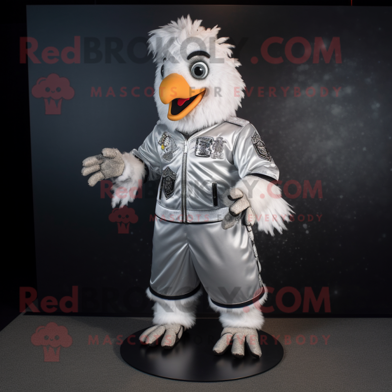 Silver Chicken Parmesan mascot costume character dressed with a Bomber Jacket and Anklets