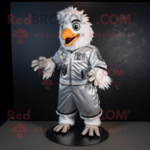 Silver Chicken Parmesan mascot costume character dressed with a Bomber Jacket and Anklets