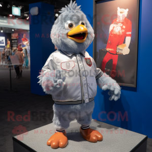 Silver Chicken Parmesan mascot costume character dressed with a Bomber Jacket and Anklets