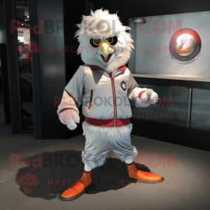 Silver Chicken Parmesan mascot costume character dressed with a Bomber Jacket and Anklets