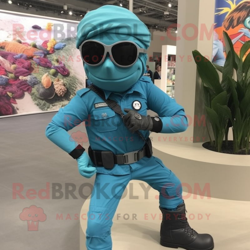 Turquoise Para Commando mascot costume character dressed with a Skinny Jeans and Bracelet watches