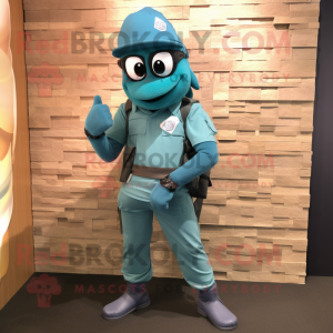 Turquoise Para Commando mascot costume character dressed with a Skinny Jeans and Bracelet watches