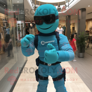 Turquoise Para Commando mascot costume character dressed with a Skinny Jeans and Bracelet watches