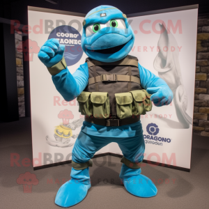Turquoise Para Commando mascot costume character dressed with a Skinny Jeans and Bracelet watches