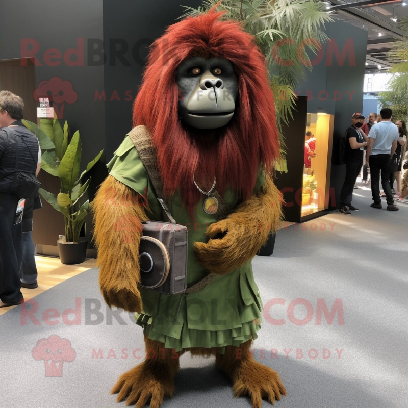 Olive Orangutan mascot costume character dressed with a Maxi Dress and Backpacks Olive Orangutan mascot costume character dressed with a Maxi Dress and Backpacks