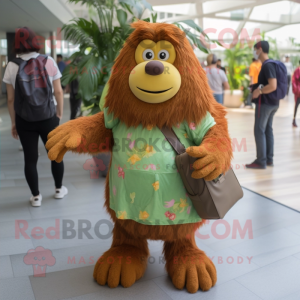 Olive Orangutan mascot costume character dressed with a Maxi Dress and Backpacks