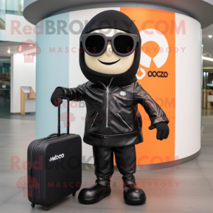 Black Moussaka mascot costume character dressed with a Moto Jacket and Briefcases