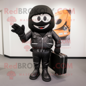 Black Moussaka mascot costume character dressed with a Moto Jacket and Briefcases