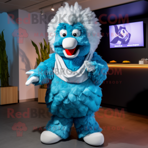 Cyan Fried Chicken mascot costume character dressed with a Dungarees and Wraps