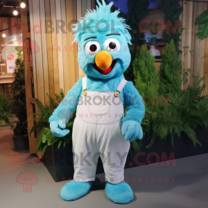 Cyan Fried Chicken mascot costume character dressed with a Dungarees and Wraps