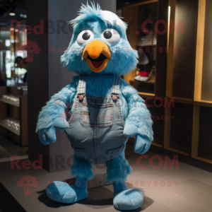 Cyan Fried Chicken mascot costume character dressed with a Dungarees and Wraps
