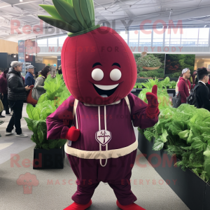 Maroon Radish mascot costume character dressed with a Jumpsuit and Rings