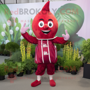 Maroon Radish mascot costume character dressed with a Jumpsuit and Rings