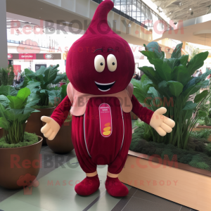 Maroon Radish mascot costume character dressed with a Jumpsuit and Rings