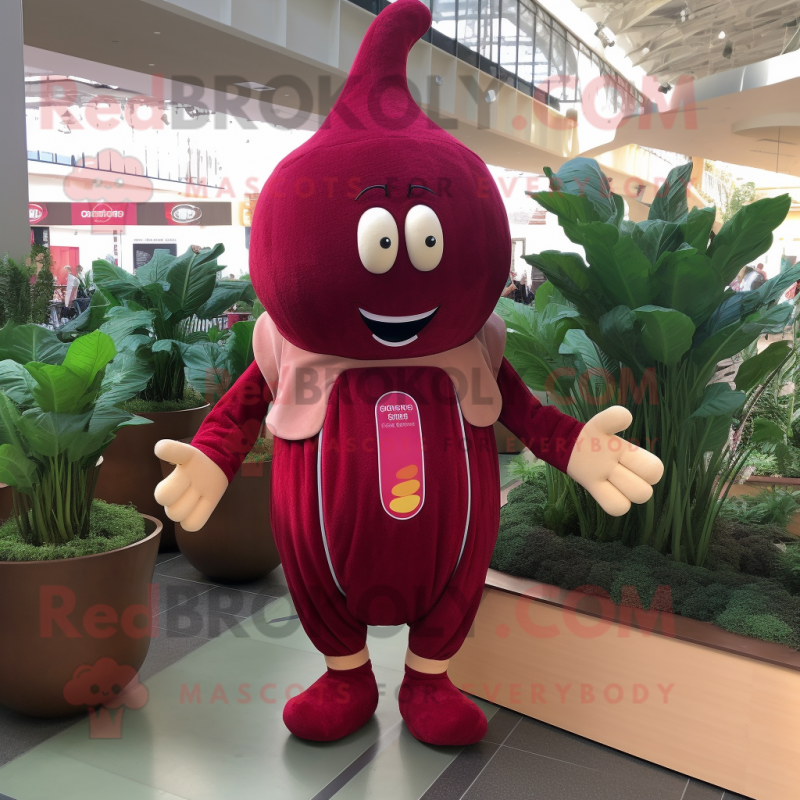 Maroon Radish mascot costume character dressed with a Jumpsuit and Rings Maroon Radish mascot costume character dressed with a Jumpsuit and Rings