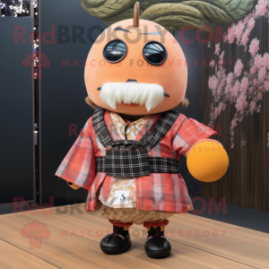 Peach Samurai mascot costume character dressed with a Flannel Shirt and Rings